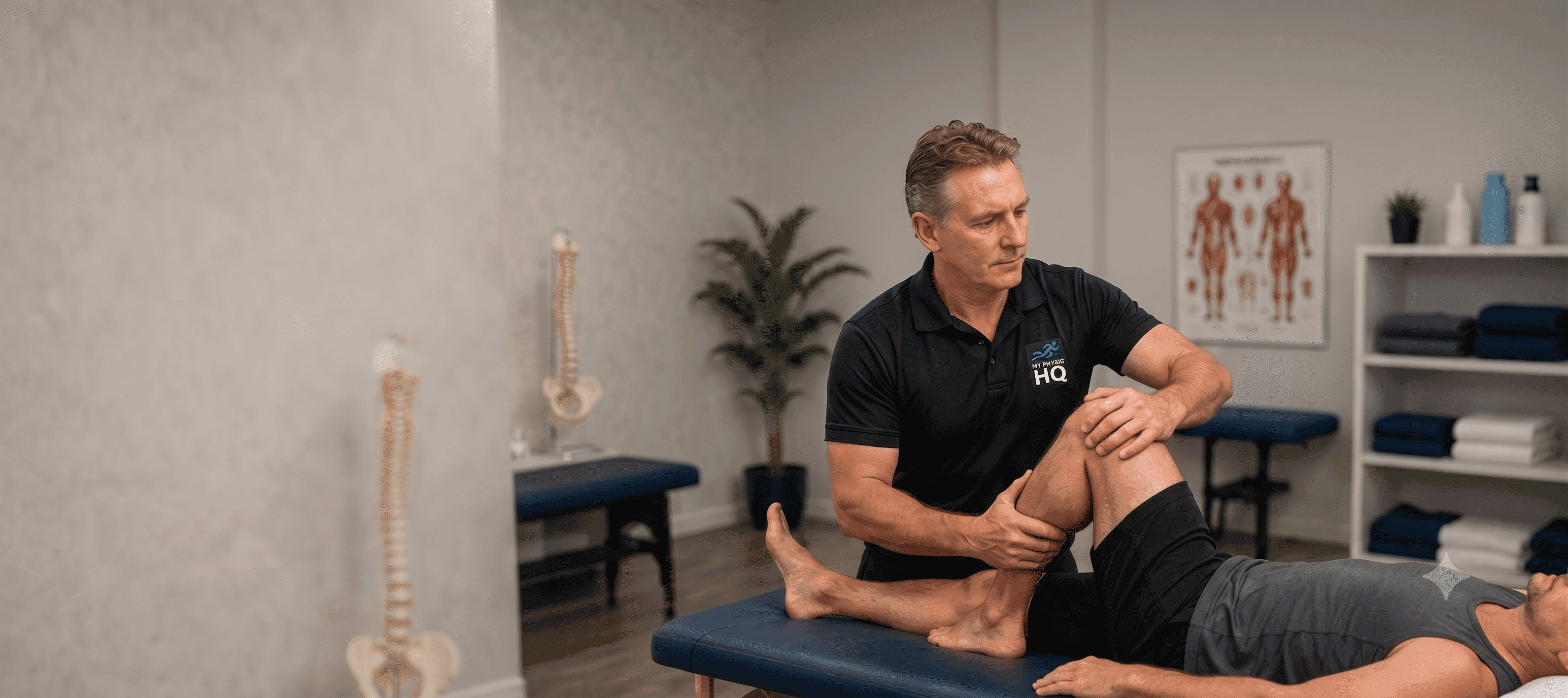Physiotherapist assessing a patient's knee on a treatment table